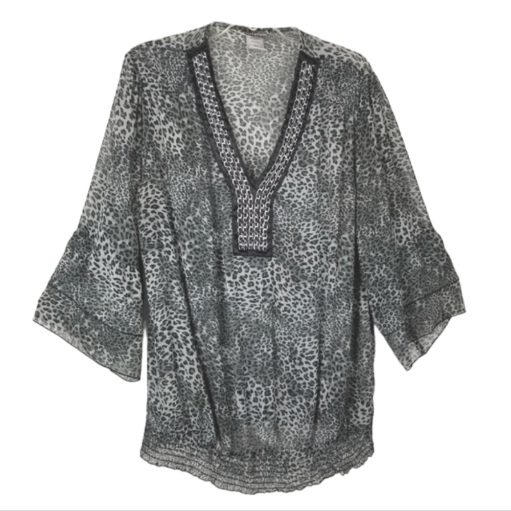 Evolution Embellished V Neck Sheer Animal Print Blouse Top Size 2X Black Gray